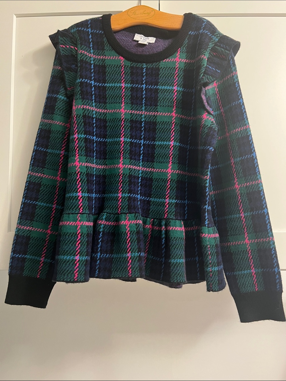 crown & ivy Navy, Green & Pink Plaid Peplum Sweater